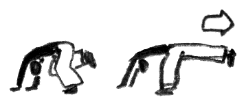 mule kick to the back, two hands and one foot on the ground