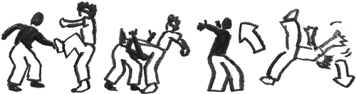 Man slipping under the opponent's kick and throwing him over