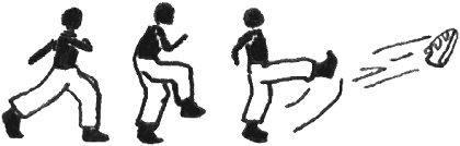 Man throwing his leg forward, striking with the foot ball