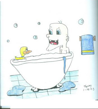 Louis in bath with Duckie