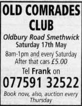 OLD COMRADES CLUB SMETHWICK CAR BOOT 2008 EVERY SATURDAY