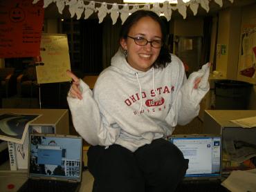 Melanie showing her school spirit at 5 a.m.