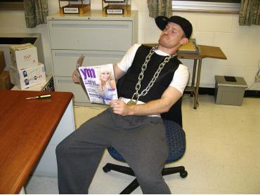 Paul is 50-Cent for holloween this year. That is a real bullet proof vest he has on as well as a really YM magazine he is reading.