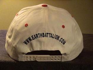 WHITE BASEBALL STYLE CAP WITH RED BILL, PICTURE OF EARTH STITCH ON FRONT AND WWW.EARTHBATTALION.COM ON THE BACK.
