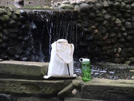Light green plastic Nalgene water bottle and natural white canvas bag.