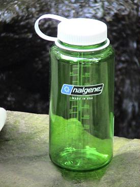 Light green plastic Nalgene water bottle.