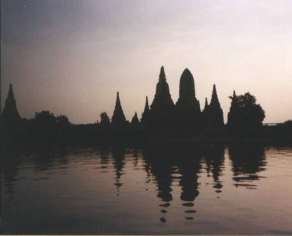 Wat Chai Wattanarum, Ayutthaya, at night on the river