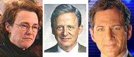 The Daily News made public news of a "love triangle" between Bill Ritter, his wife Janny Scott, and ex-Times executive editor Joe Lelyveld. (Photo composite illustration Courtesy PBS NewsHour and WABC-TV)