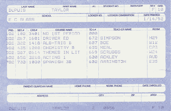 2nd Semester Class Schedule, 1992