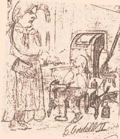 Drawing of old woman giving medicine to child