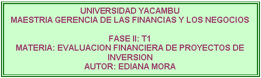 Cuadro de texto: UNIVERSIDAD YACAMBU
MAESTRIA GERENCIA DE LAS FINANCIAS Y LOS NEGOCIOS

FASE II: T1
MATERIA: EVALUACION FINANCIERA DE PROYECTOS DE INVERSION
AUTOR: EDIANA MORA 
