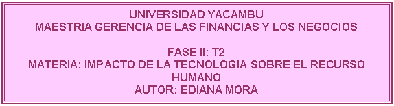 Cuadro de texto: UNIVERSIDAD YACAMBU
MAESTRIA GERENCIA DE LAS FINANCIAS Y LOS NEGOCIOS

FASE II: T2
MATERIA: IMPACTO DE LA TECNOLOGIA SOBRE EL RECURSO HUMANO
AUTOR: EDIANA MORA 
