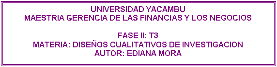 Cuadro de texto: UNIVERSIDAD YACAMBU
MAESTRIA GERENCIA DE LAS FINANCIAS Y LOS NEGOCIOS

FASE II: T3
MATERIA: DISE�OS CUALITATIVOS DE INVESTIGACION 
AUTOR: EDIANA MORA 



