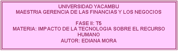 Cuadro de texto: UNIVERSIDAD YACAMBU
MAESTRIA GERENCIA DE LAS FINANCIAS Y LOS NEGOCIOS

FASE II: T5
MATERIA: IMPACTO DE LA TECNOLOGIA SOBRE EL RECURSO HUMANO
AUTOR: EDIANA MORA 
