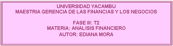 Cuadro de texto: UNIVERSIDAD YACAMBU
MAESTRIA GERENCIA DE LAS FINANCIAS Y LOS NEGOCIOS

FASE III: T2
MATERIA: ANALISIS FINANCIERO
AUTOR: EDIANA MORA 
