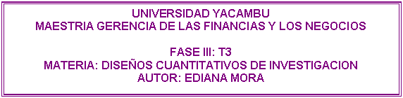 Cuadro de texto: UNIVERSIDAD YACAMBU
MAESTRIA GERENCIA DE LAS FINANCIAS Y LOS NEGOCIOS
FASE III: T3
MATERIA: DISEÑOS CUANTITATIVOS DE INVESTIGACION
AUTOR: EDIANA MORA