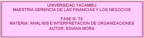 Cuadro de texto: UNIVERSIDAD YACAMBU
MAESTRIA GERENCIA DE LAS FINANCIAS Y LOS NEGOCIOS

FASE III: T4
MATERIA: ANALISIS E INTERPRETACION DE ORGANIZACIONES
AUTOR: EDIANA MORA 
