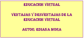 Cuadro de texto: EDUCACION VIRTUAL

VENTAJAS Y DESVENTAJAS DE LA EDUCACION VIRTUAL

AUTOR: Ediana mora

