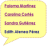 Llamada rectangular redondeada: Paloma Mart�nez
Carolina Cort�s
Sandra Guti�rrez
Edith Atenea P�rez
