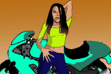 The Aaliyah character and her motorcycle