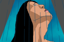 The Aaliyah character looking up in the rain