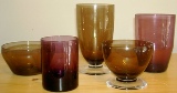 2. Glasses, tumblers, dessert bowls, parfait glasses in amber and purple. 4-6 sets for most items.