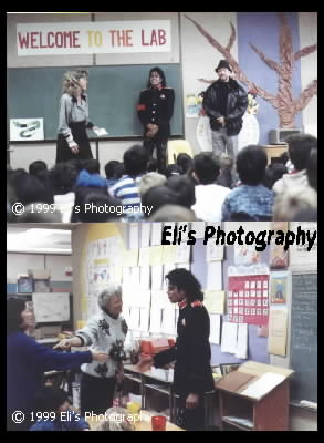 In classroom talking to the kids and teachers