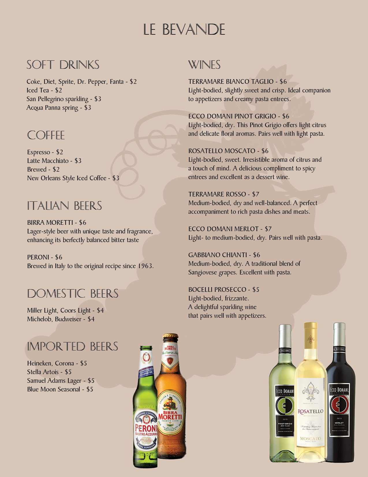 Le Bevande  Menu