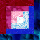 red, blue log cabin