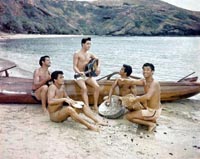 Elvis and the band on the beach in Blue Hawaii