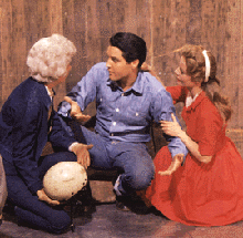 Barbera Stanwyck (Maggie) and Joan Freeman (Cathy) help Elvis after a fall on the Wall Of Death in Roustabout