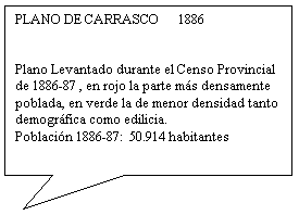 Llamada rectangular: PLANO DE CARRASCO      1886


Plano Levantado durante el Censo Provincial
de 1886-87 , en rojo la parte m�s densamente poblada, en verde la de menor densidad tanto demogr�fica como edilicia.
Poblaci�n 1886-87:  50.914 habitantes
