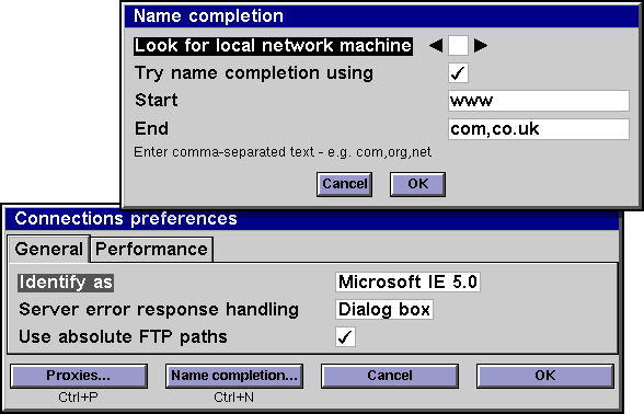 Screenshot of connection preferences options