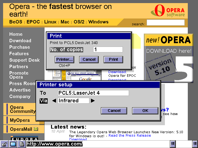 Screenshot of Printing set-up options in Opera 5.1 for EPOC