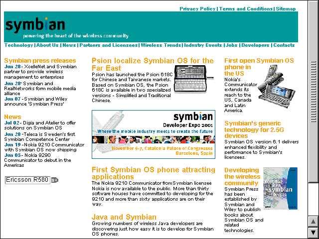 Screenshot of Symbian homepage