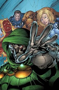 Doctor Doom, one of the most archetypal supervillains and his arch-enemies The Fantastic Four (in background). Art by Jim Lee.