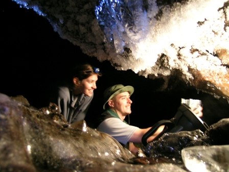 Alicia and Bryan taking pictures of the ice in Jot Dean cave.
