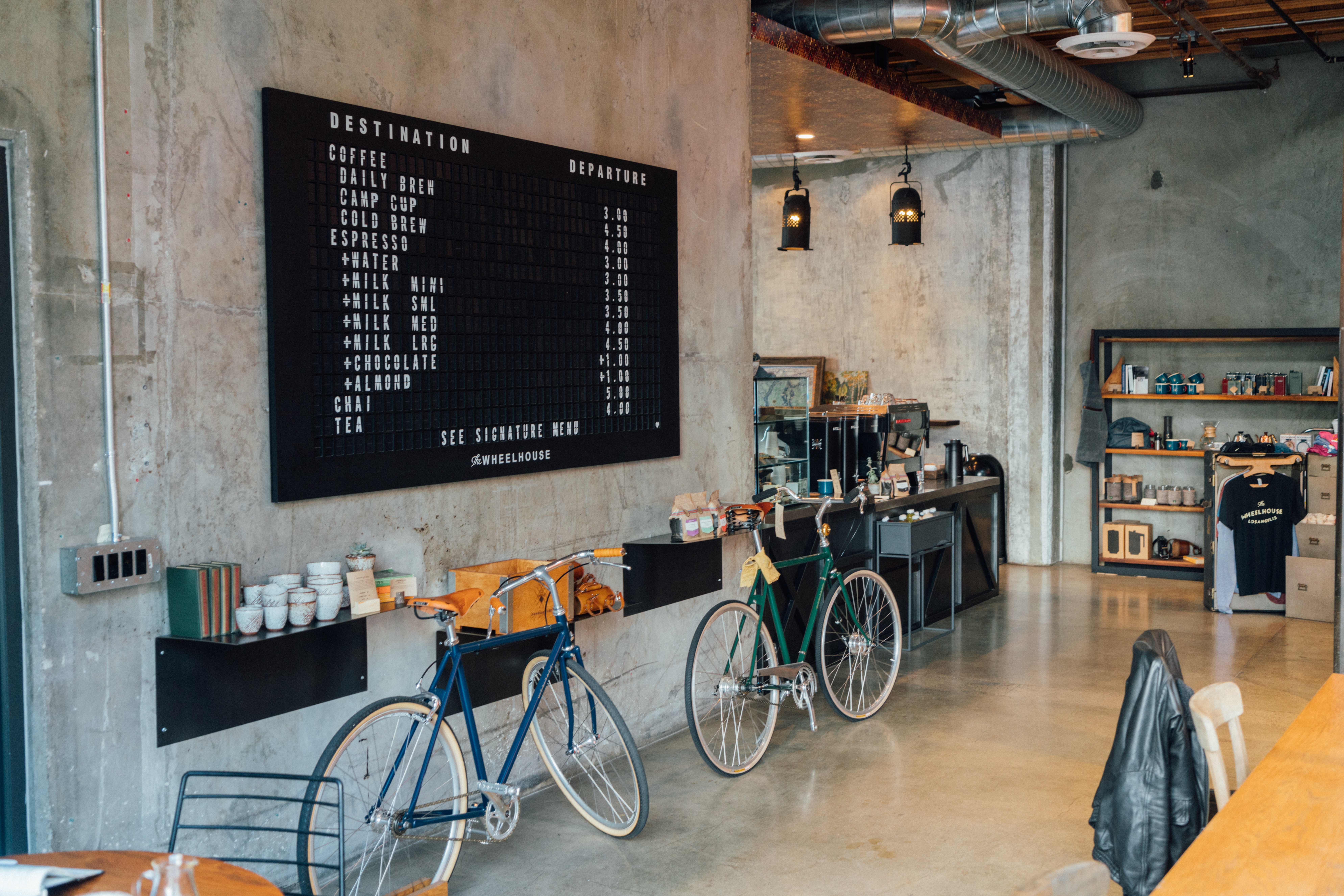 Cafe with menu and two bikes