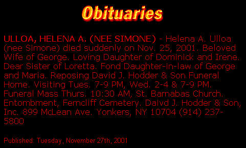 Helena Ulloa, Helena Simone, Yonkers NY, Rite Aid Pharmacist, Helena, November 25, 2001, 11/25/2001