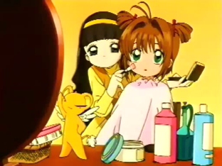 Kero-chan, Tomoyo y Sakura prepar�ndose para la filmaci�n