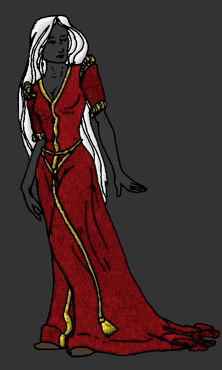 Lady Breeder Inrahi, wearing one of her trademark drakkinhide gowns; this one's from a former red of hers.