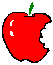 Cartoon graphic of a red apple with a bite chunk taken off.