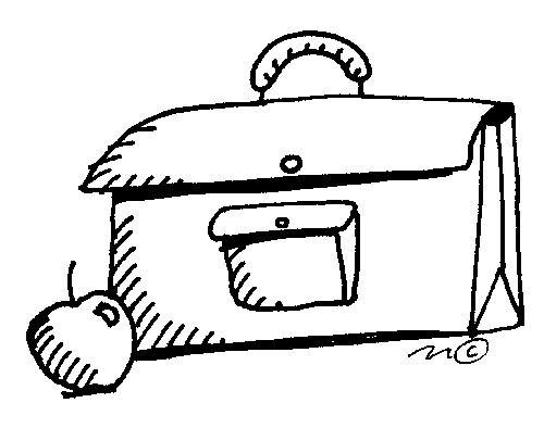 Black and white cartoon of a briefcase with apple next to it.