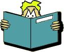 Cartoon graphic of a student reading a book.