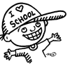 Black and white cartoon graphic of kid with hat that says 