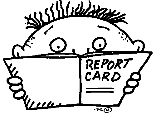 Black and white cartoon graphic of a kid holding a report card.