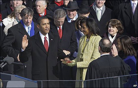President elect Barack Husein Obama taking the oath of offfice