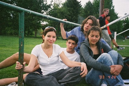 frenchies- Camille, Didier, Pierre-Rive, Sophie, on the soccer field