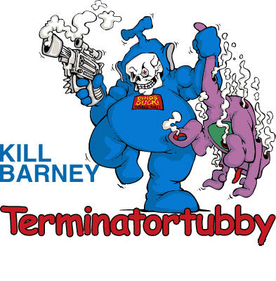 This is supposed to be a picture of a blue Telly Tubby with a skull face and holding a gun in one hand and Barney the Dinosaur with smoking bullet holes in him and this Telly Tubby is called 'Terminator Tubby'.