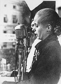 Evita Peron delivering a speech from the balcony of the Casa Rosada